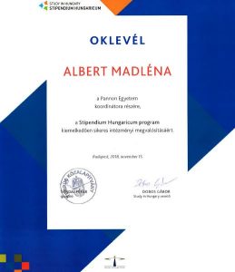 Oklevél a Stipendium Hungaricum program sikeres megvalósításáért